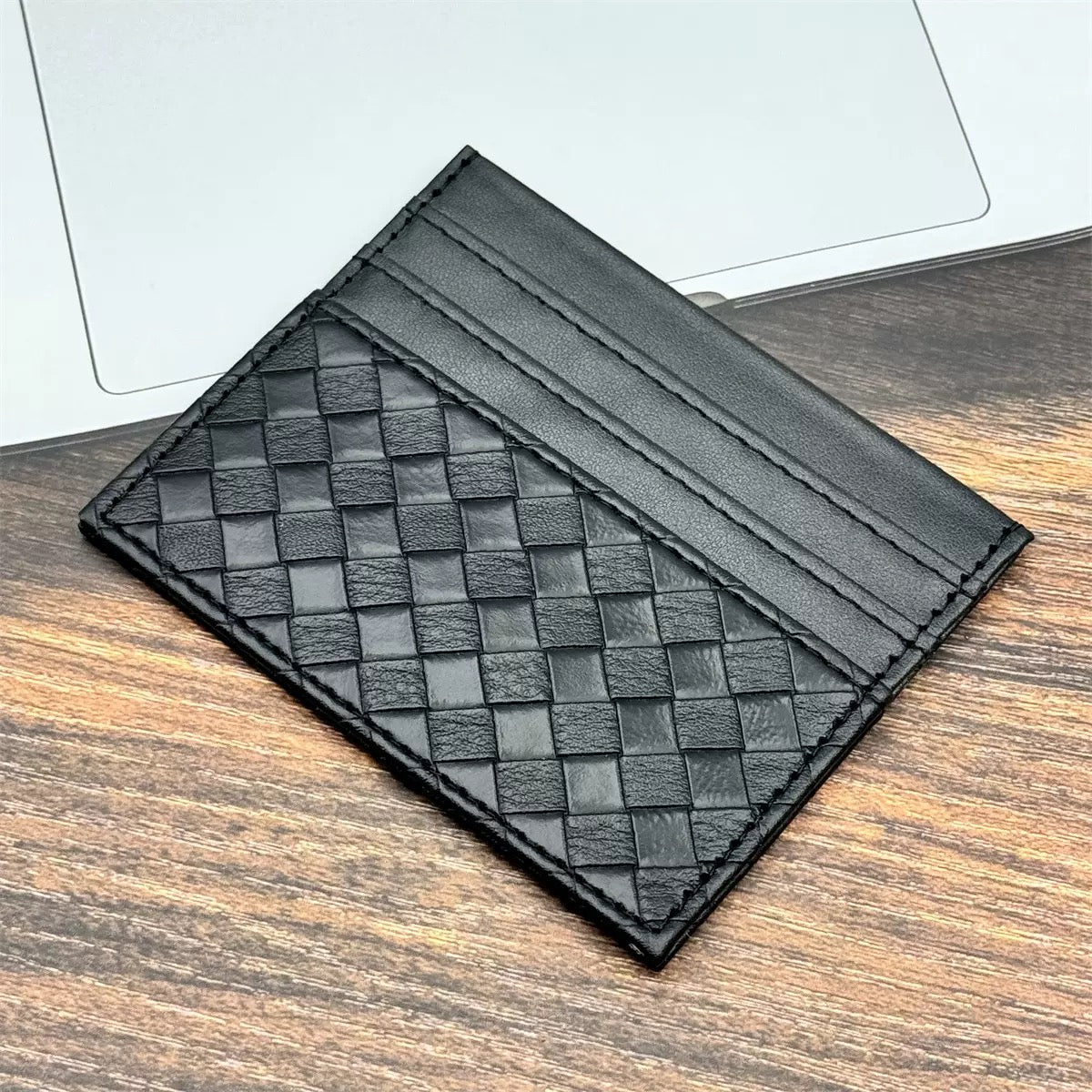 Woven leather card holder