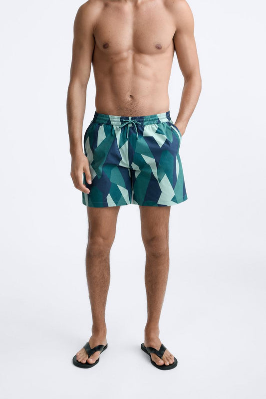 ZARA ABSTRACT PRINT SWIM SHORT IN DUCK GREEN