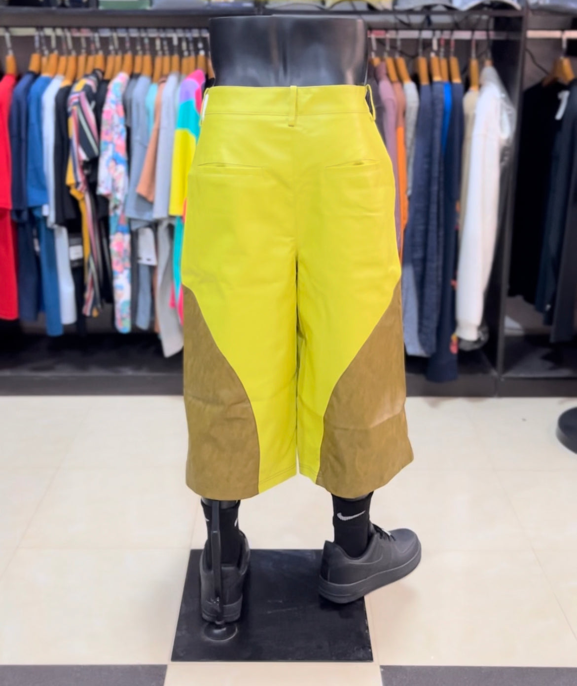 Mixed leather long jort