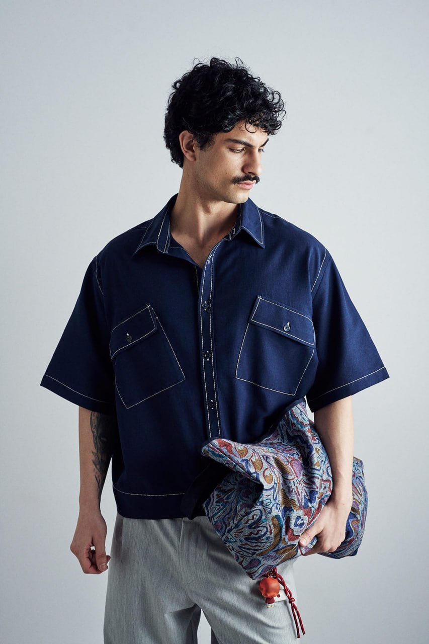 Contrast stitch shirt boxy cotton shirt
