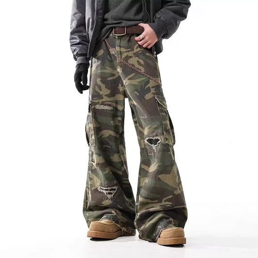 Camo distressed cargo pants