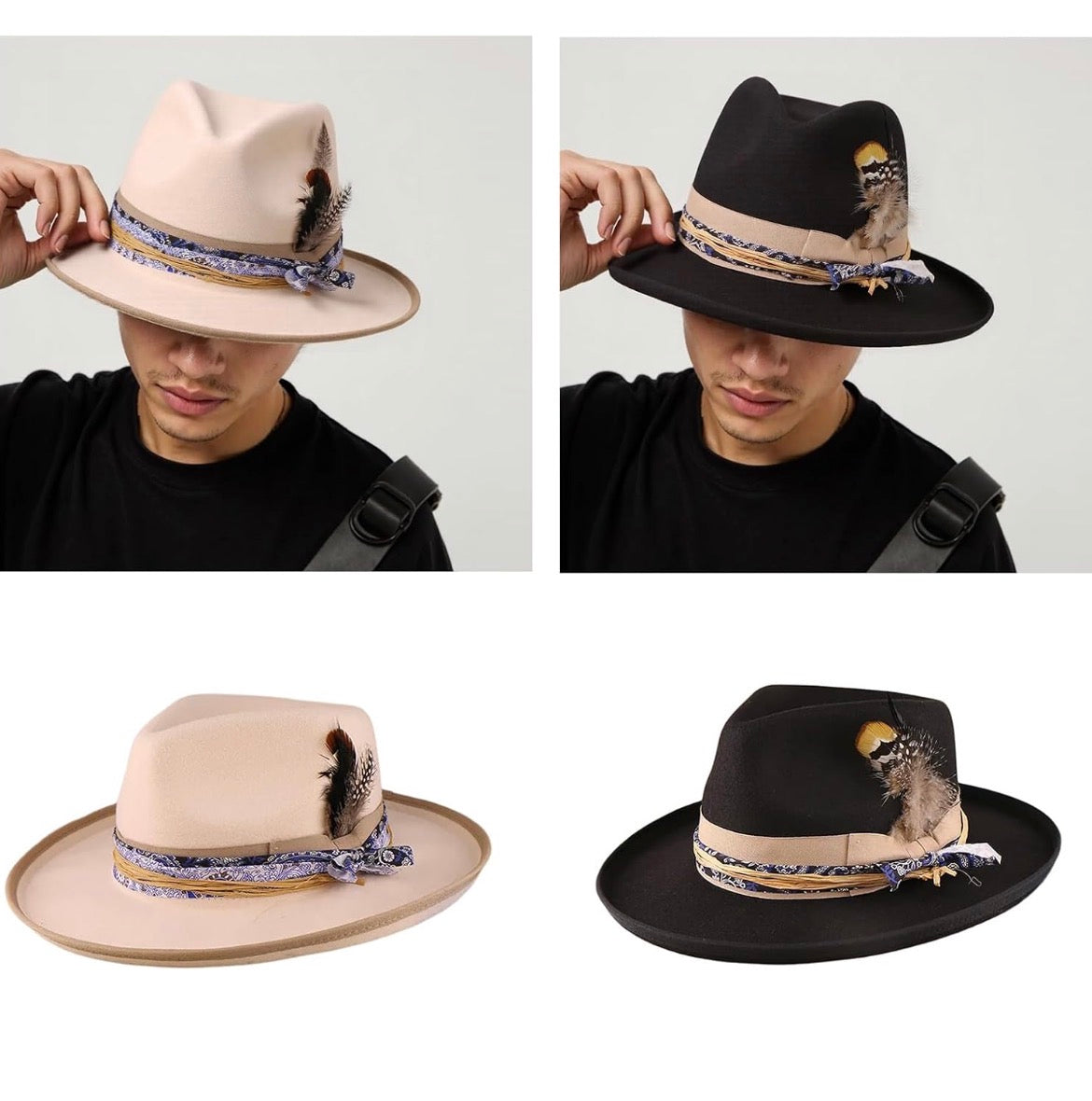 Classical Roll Brim Fedoras Hat with Feathered Woven Belt