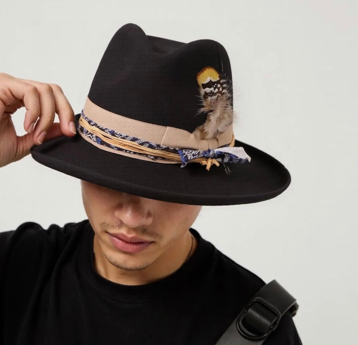 Classical Roll Brim Fedoras Hat with Feathered Woven Belt