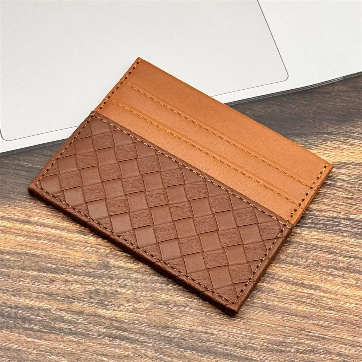 Woven leather card holder