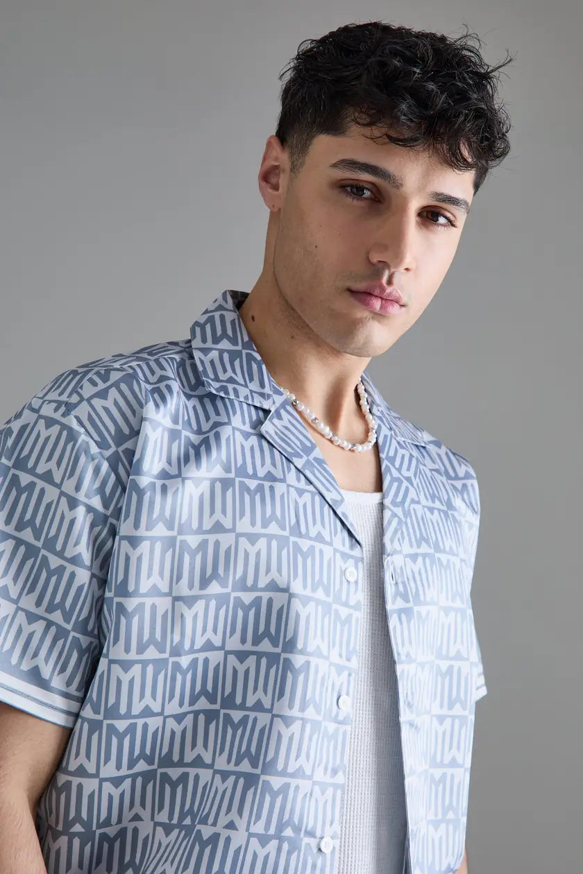 Boohoo monogram satin revere shirt