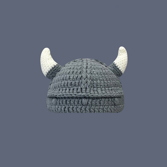 Y2K viking horn crotchet beanie in grey