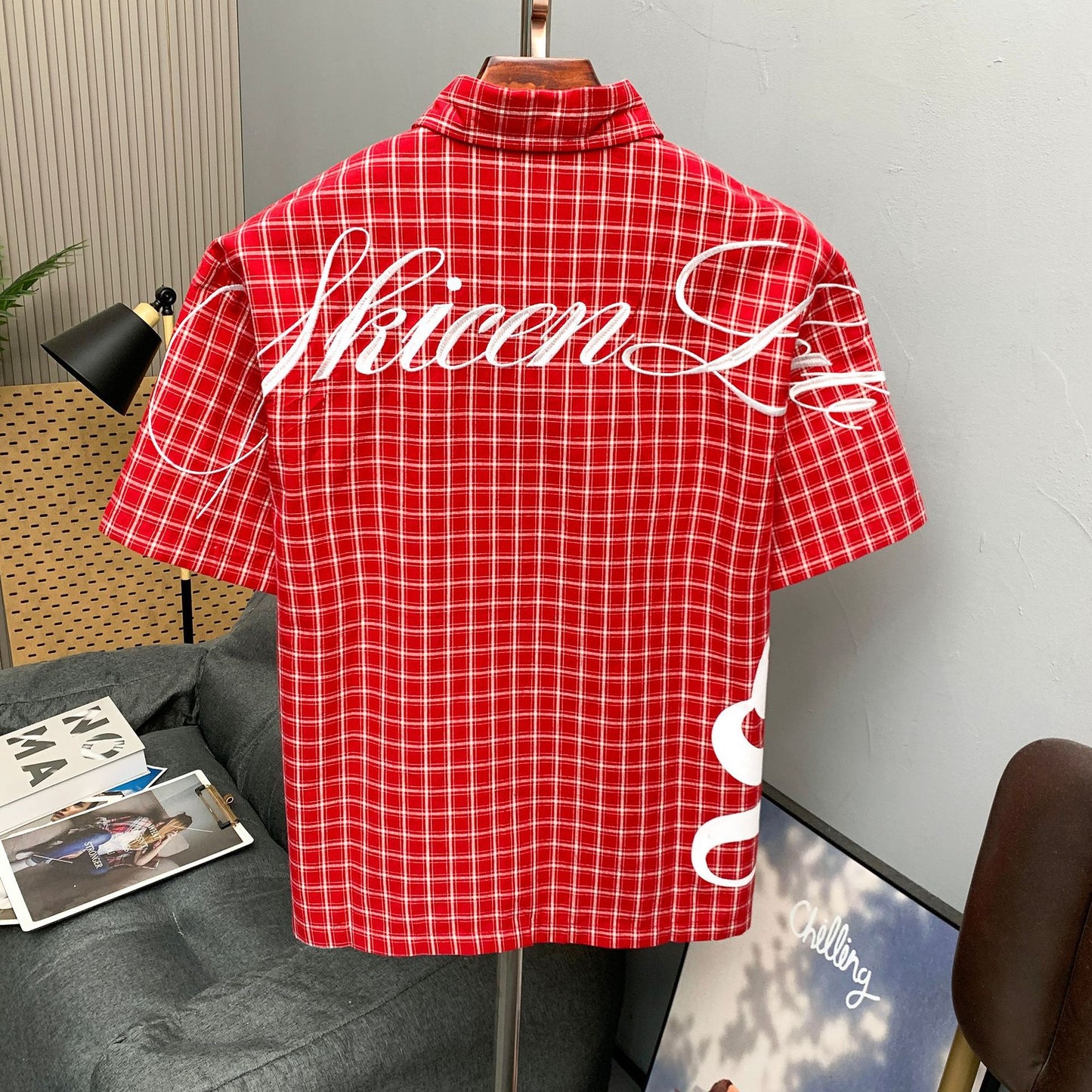 Check embroidered shirt in red