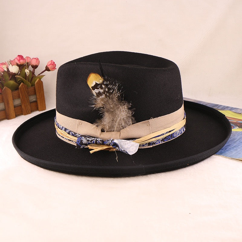 Classical Roll Brim Fedoras Hat with Feathered Woven Belt