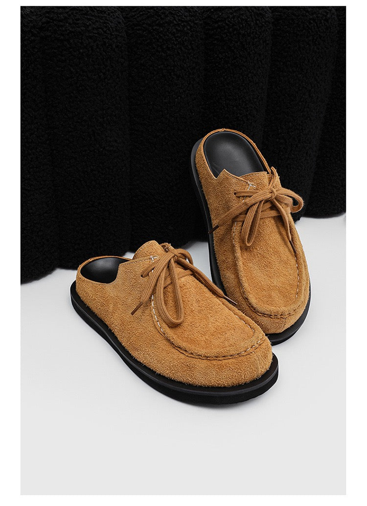Laced brown suede mule