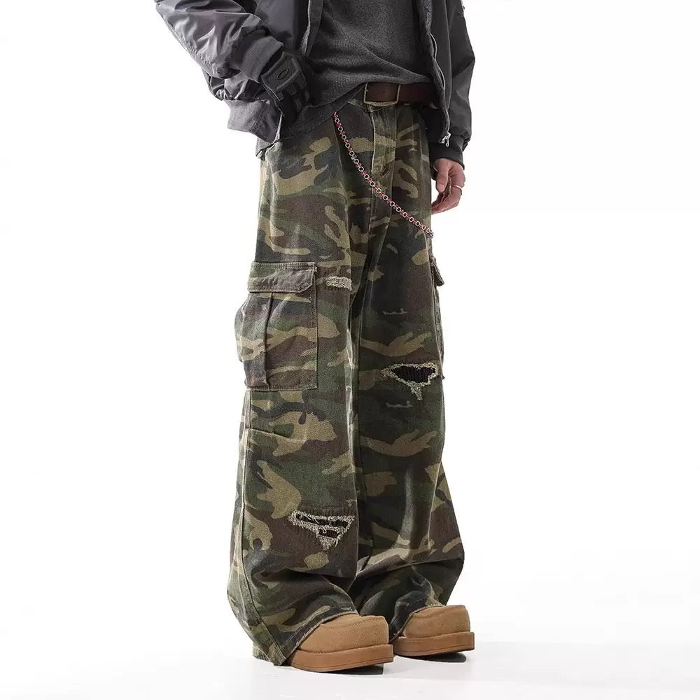 Camo distressed cargo pants