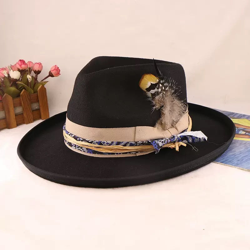 Classical Roll Brim Fedoras Hat with Feathered Woven Belt