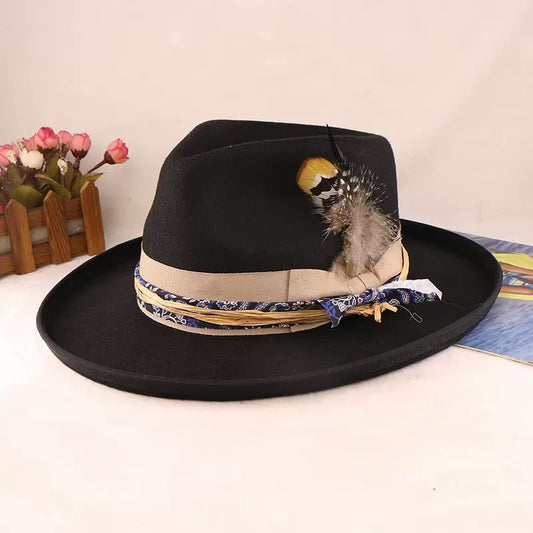 Classical Roll Brim Fedoras Hat with Feathered Woven Belt
