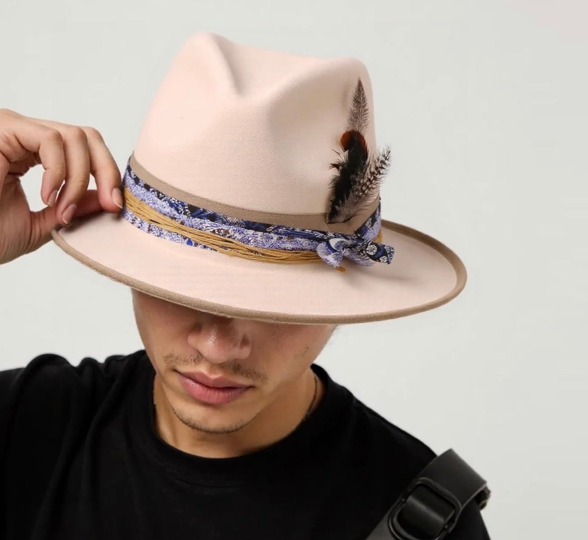 Classical Roll Brim Fedoras Hat with Feathered Woven Belt