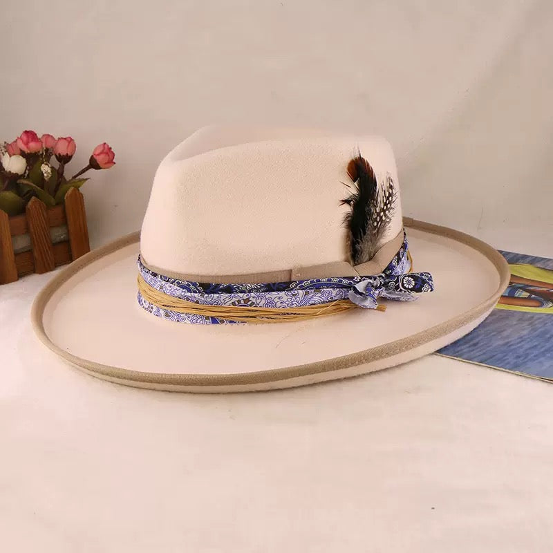 Classical Roll Brim Fedoras Hat with Feathered Woven Belt