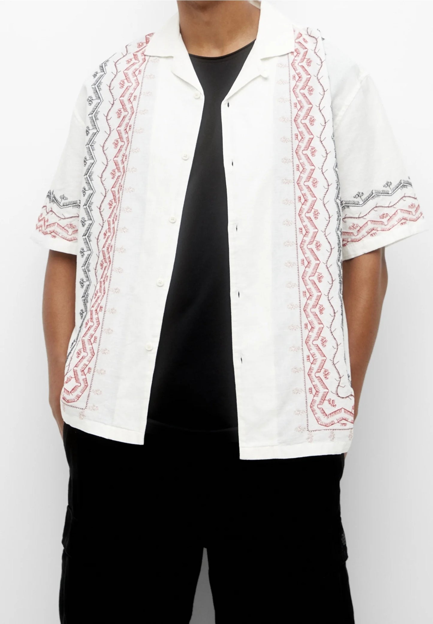 Pull&Bear embroidered linen revere shirt