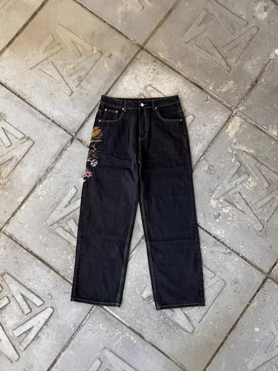 Floral embroidered denim jean pants