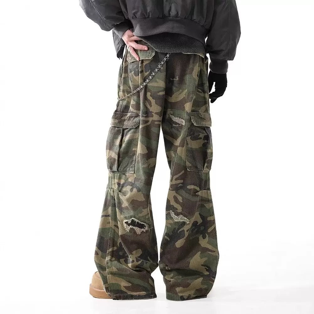Camo distressed cargo pants