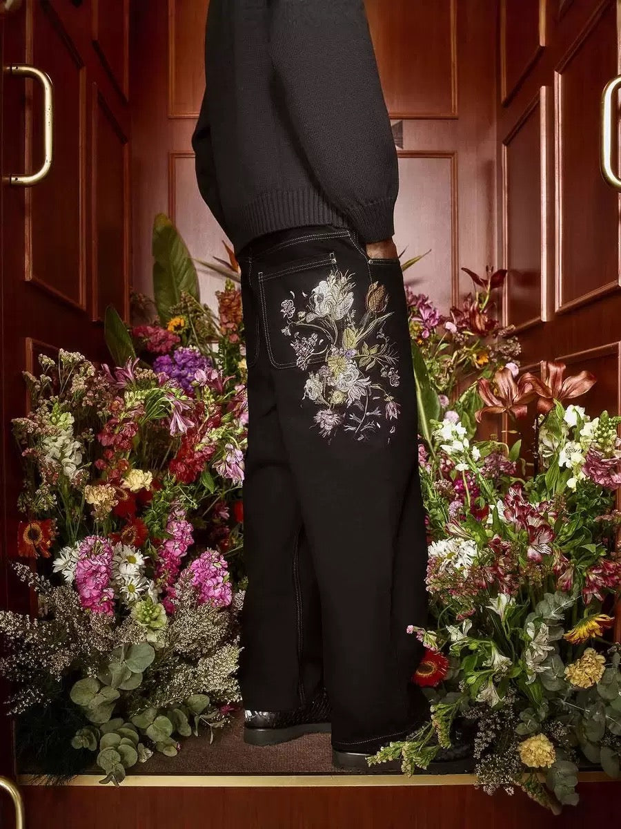 Floral embroidered denim jean pants