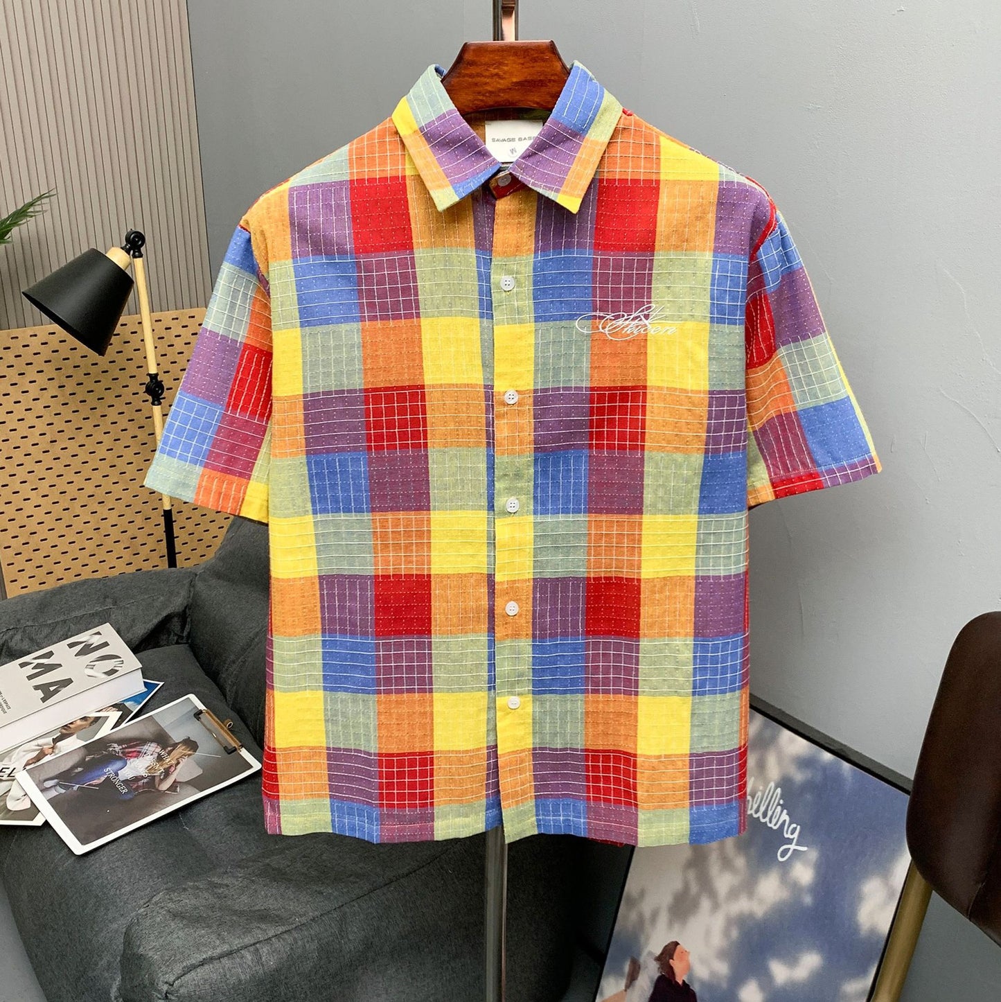 Multi color plaid embroidered shirt