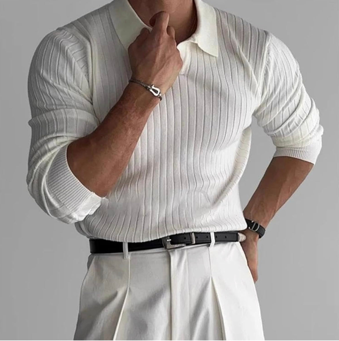 Ribbed longsleeve knit polo