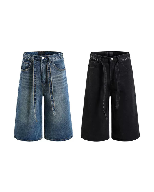 Rhinestone belt denim jort