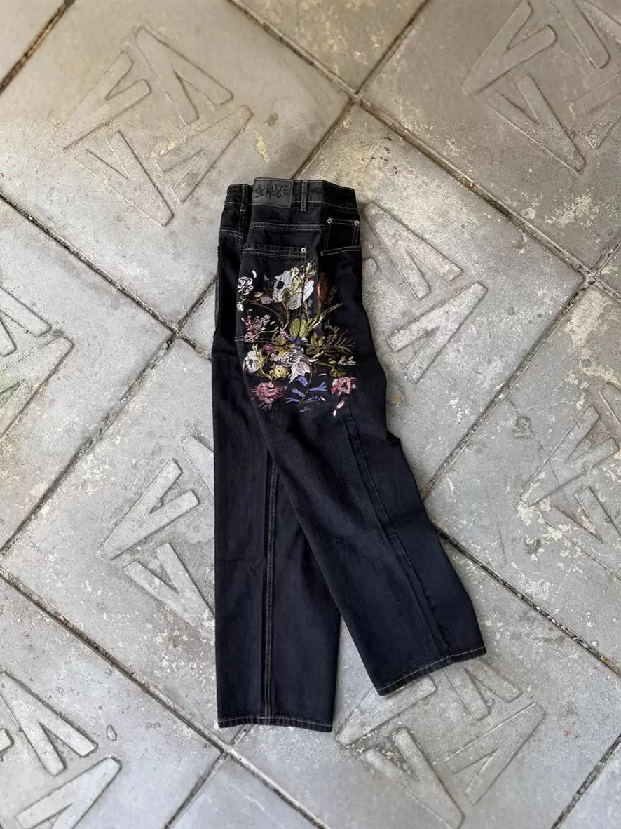 Floral embroidered denim jean pants