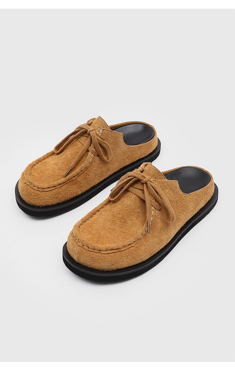 Laced brown suede mule