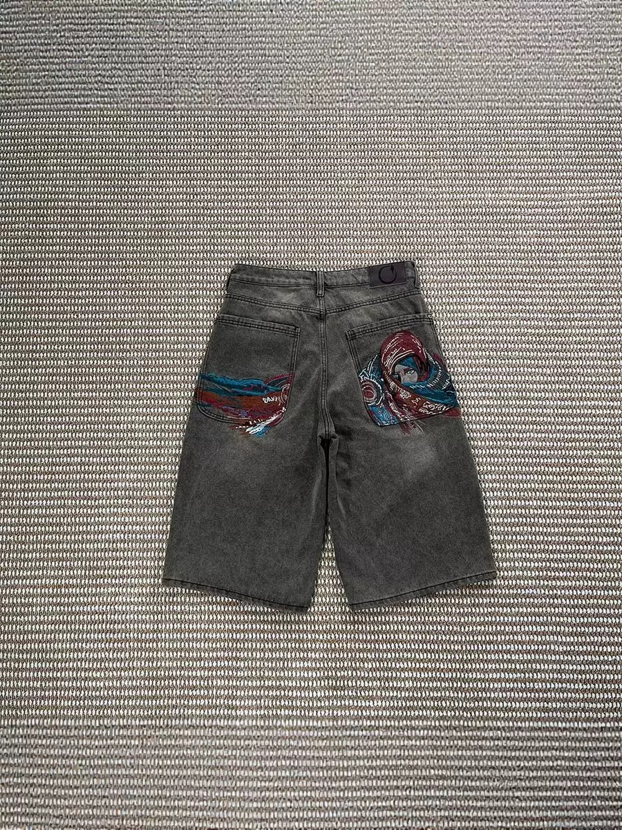 Embroidered pocket denim jort