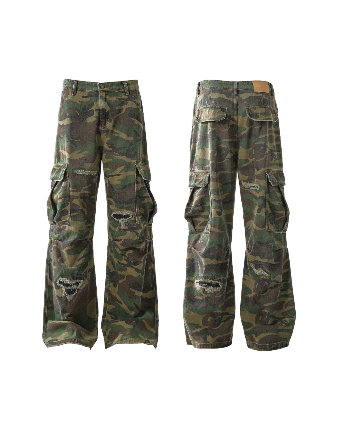 Camo distressed cargo pants