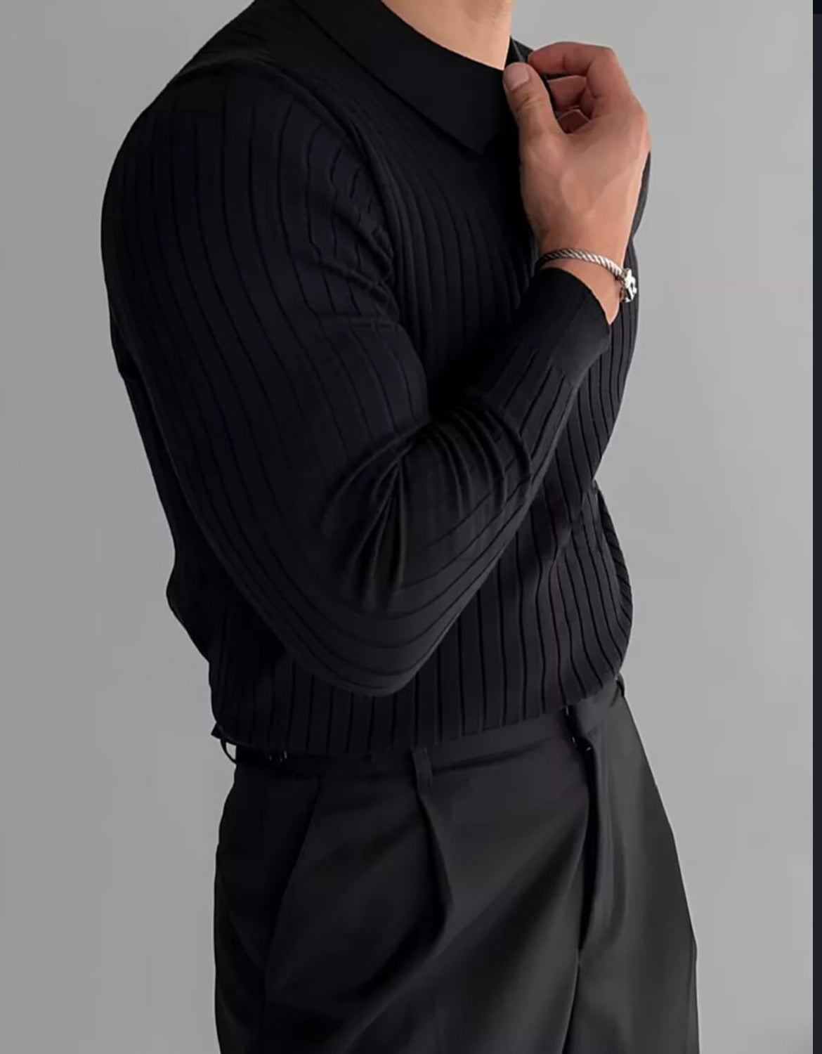 Ribbed longsleeve knit polo