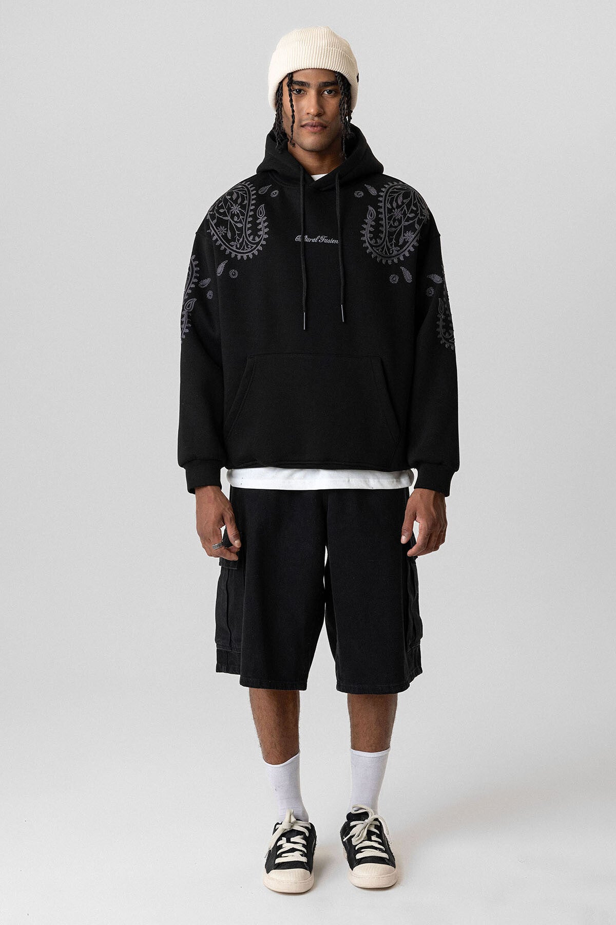 VAMOS PALSLEY PATTERNED OVERSIZE HOODIE BLACK