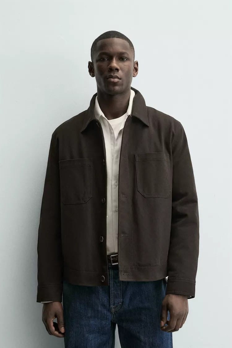 Zara puff work jacket in coffee brown