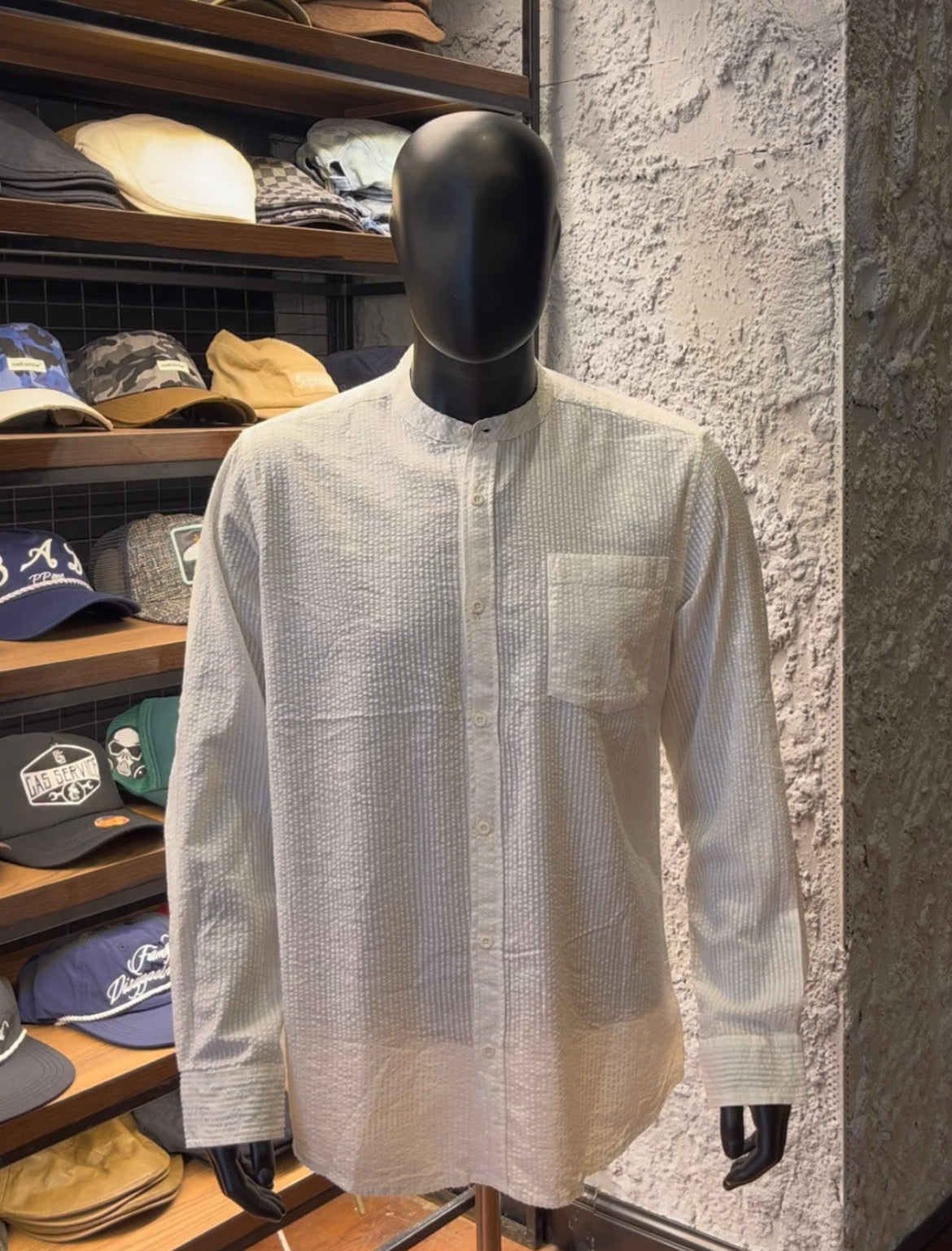 Red tag cotton creased band collar shirt