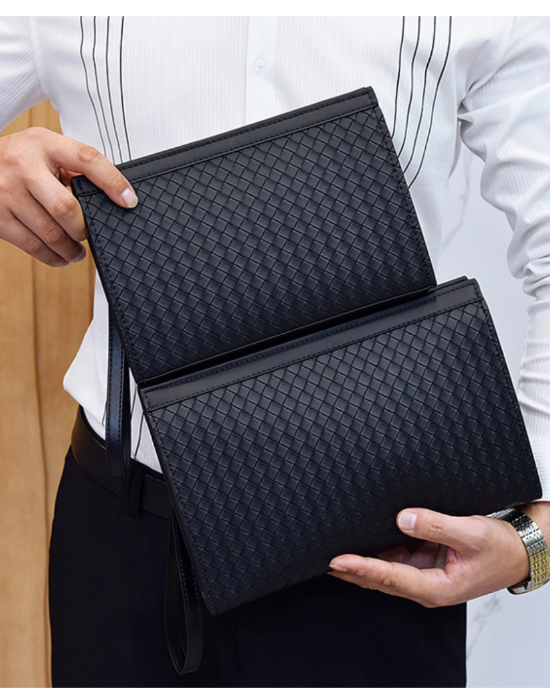 Woven leather hand purse