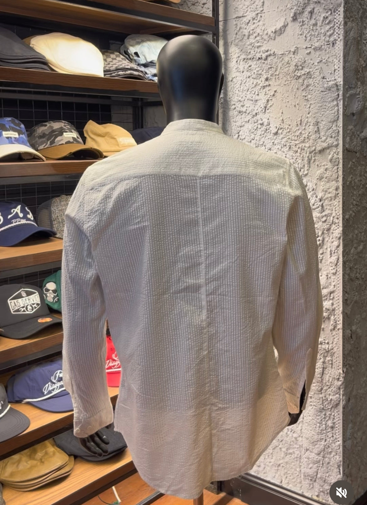 Red tag cotton creased band collar shirt