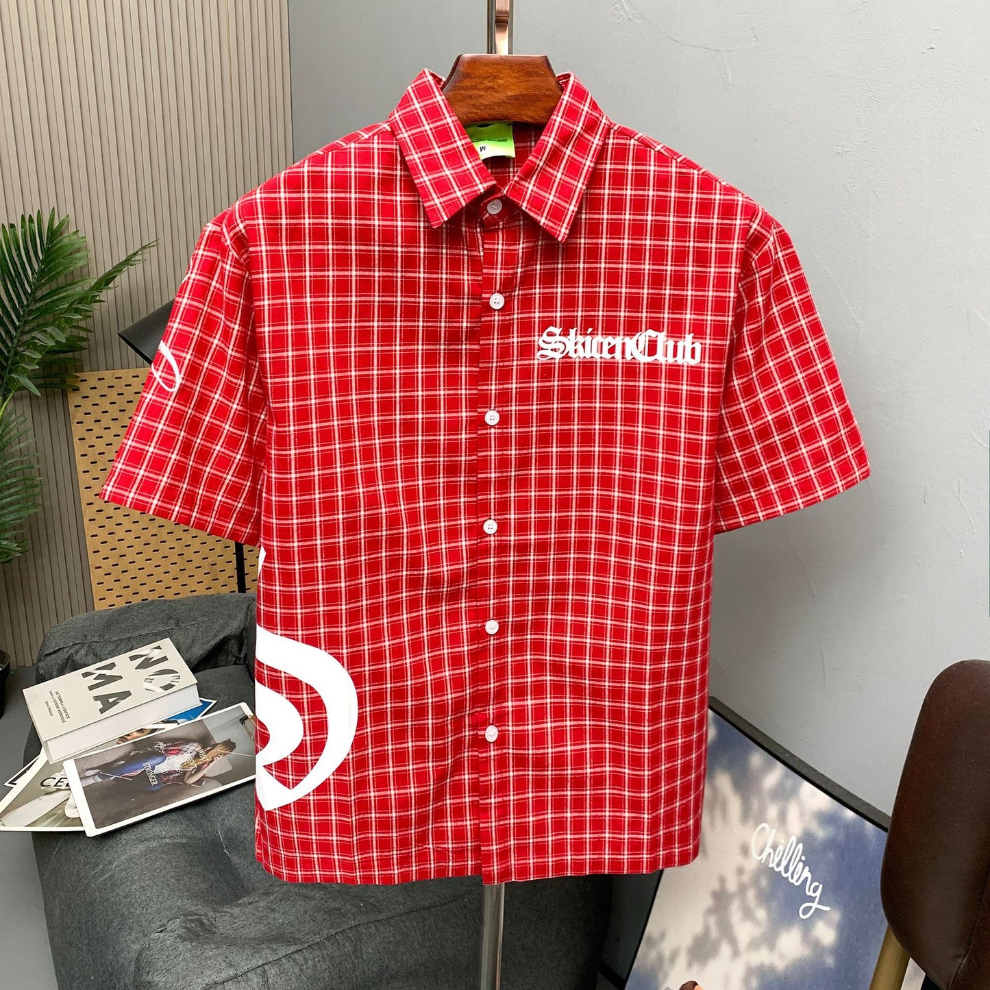 Check embroidered shirt in red