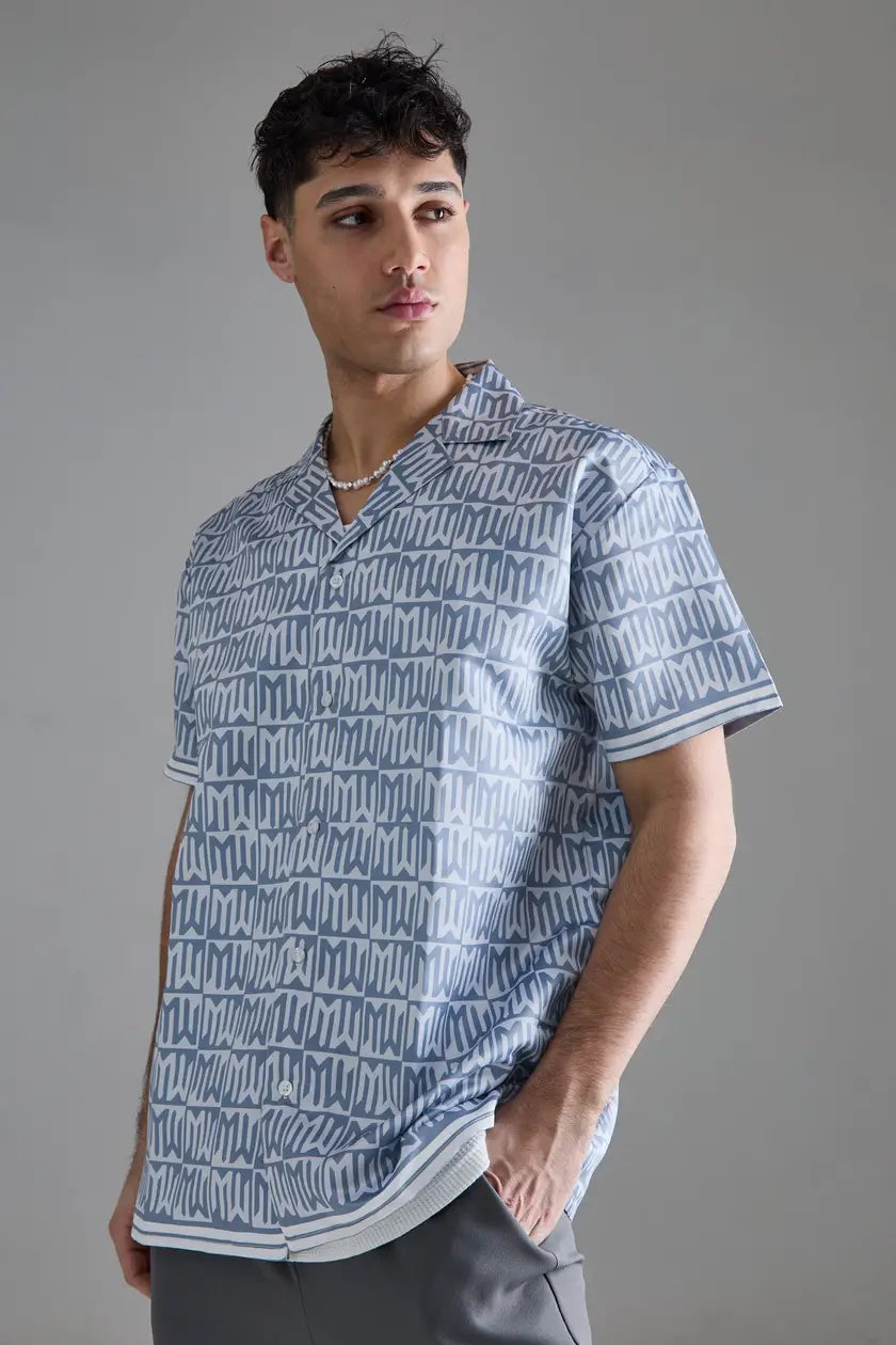 Boohoo monogram satin revere shirt