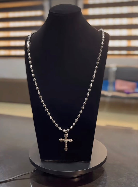 Crucifix steel beaded necklace