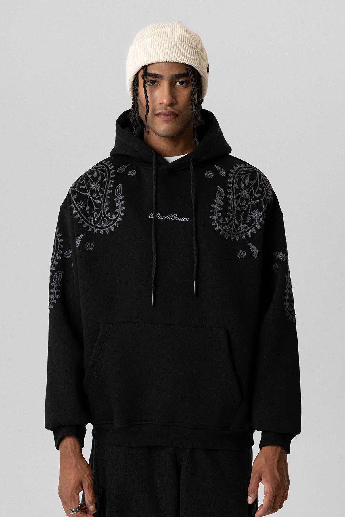 VAMOS PALSLEY PATTERNED OVERSIZE HOODIE BLACK