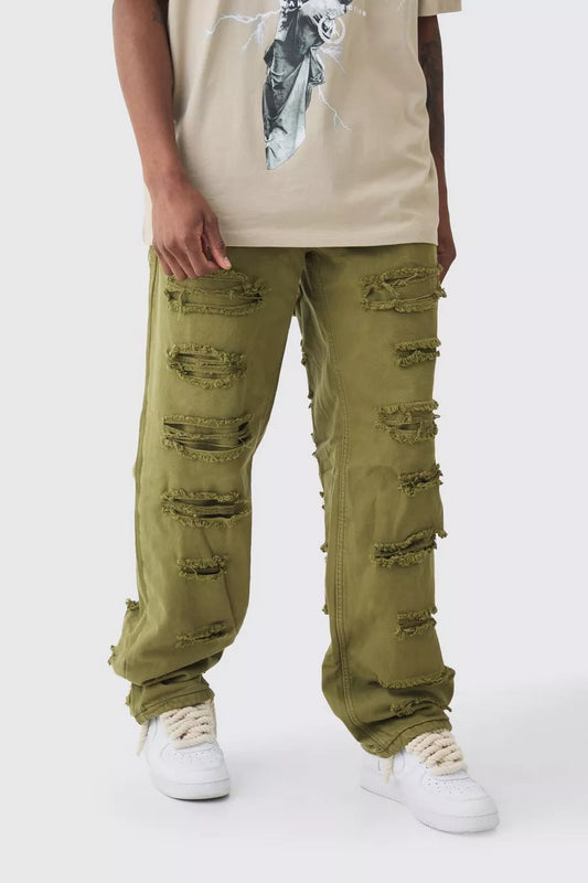 Boohoo ripped twill overdyed pants in khaki