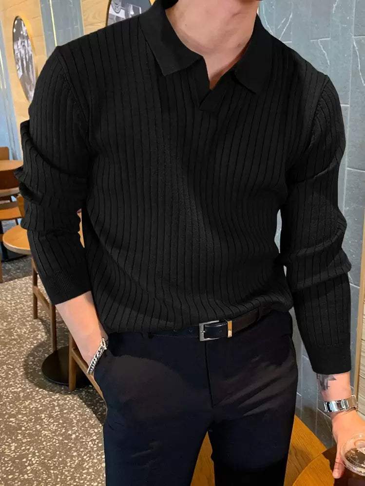 Ribbed longsleeve knit polo